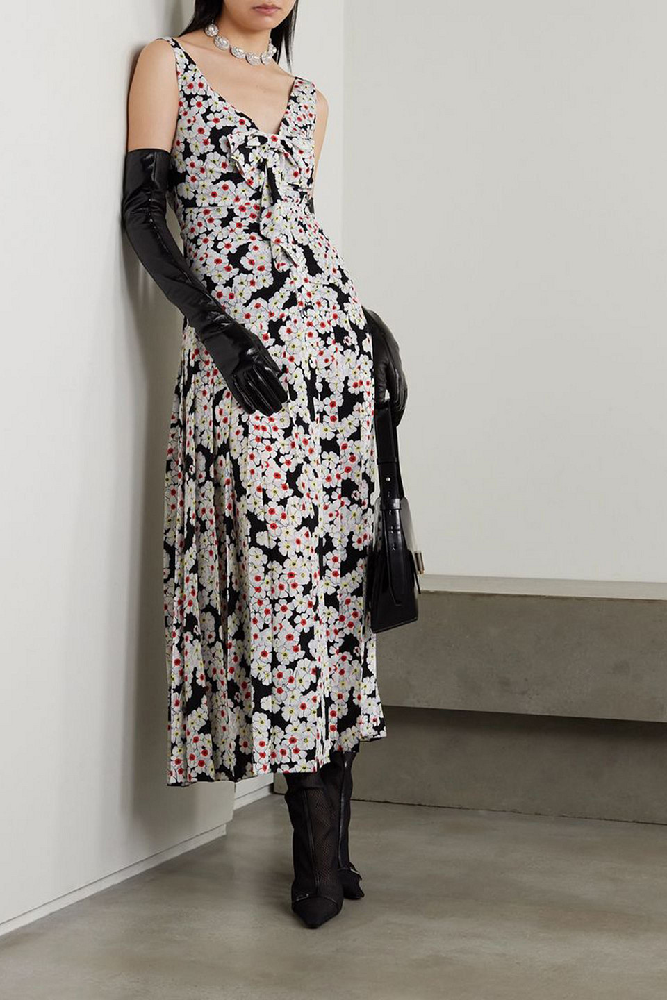 Alessandra Rich Bow-detailed Pleated Floral-print Silk Crepe De Chine Midi Dress In Black