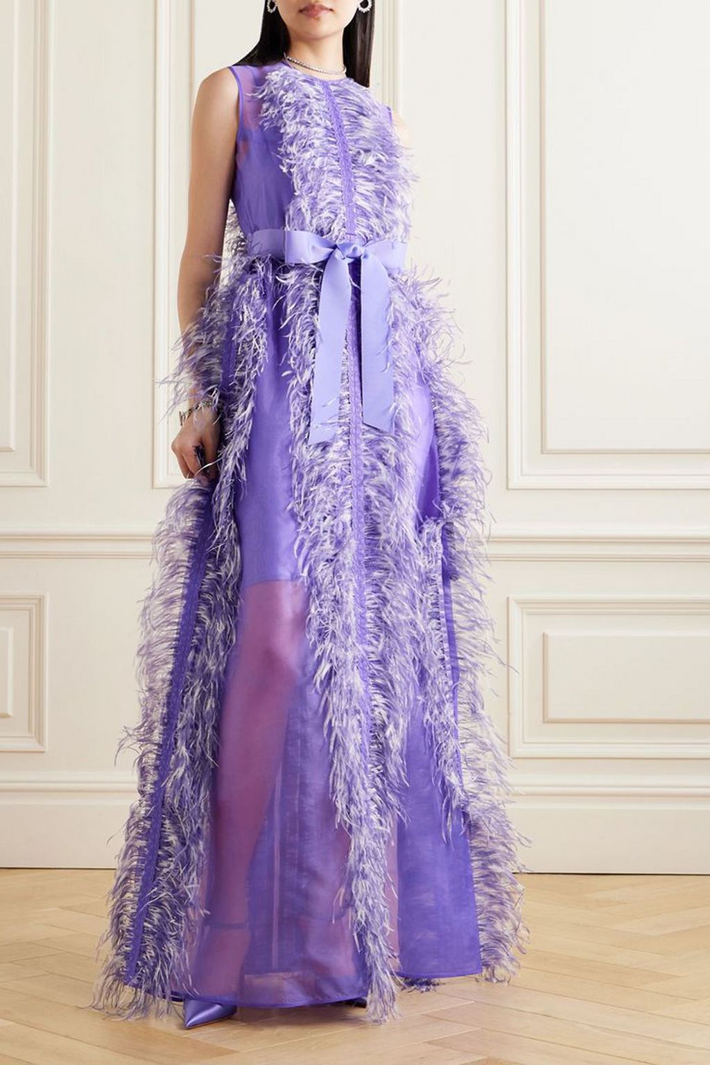 HUISHAN ZHANG Beau feather and grosgrain-trimmed silk-organza gown