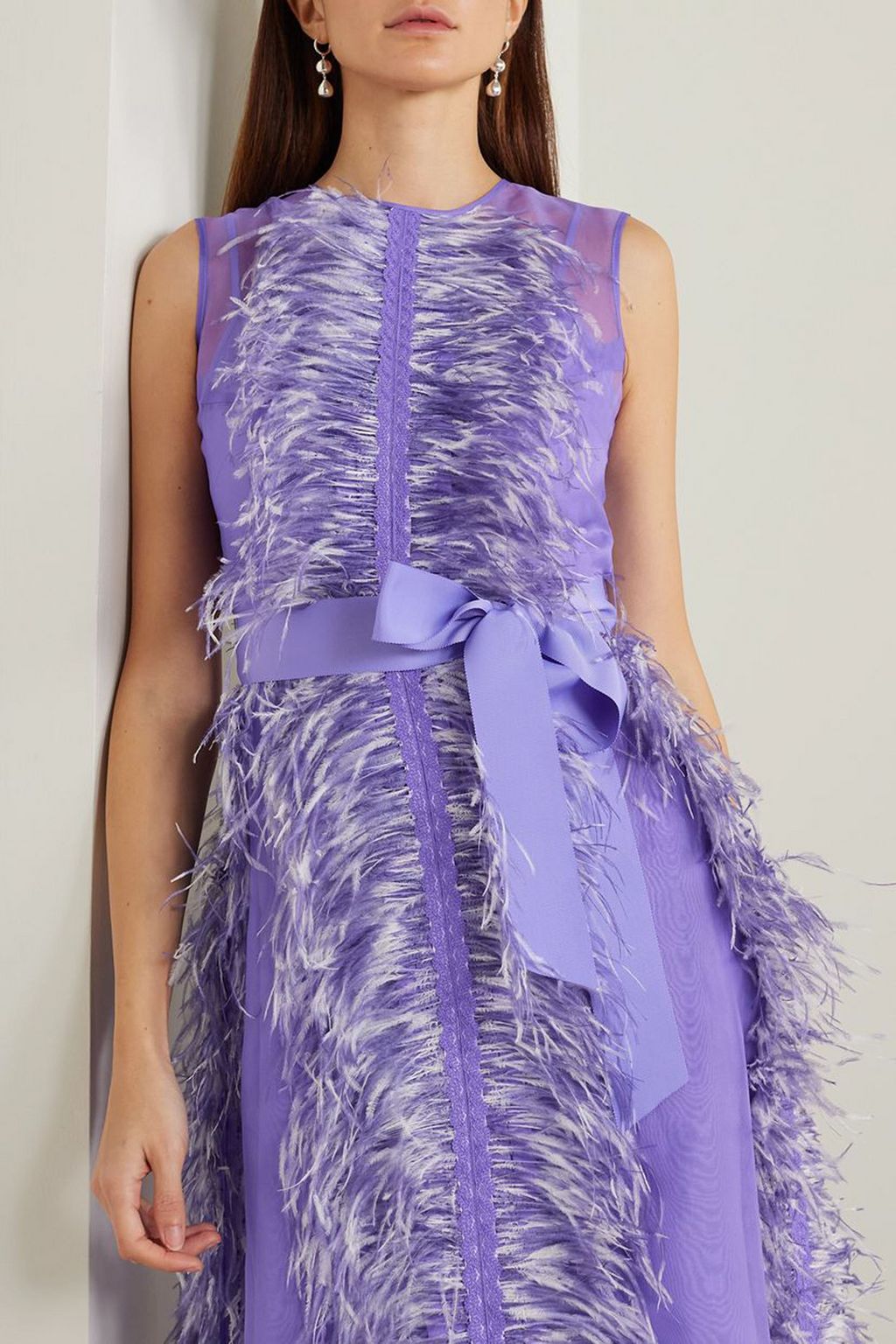 HUISHAN ZHANG Beau feather and grosgrain-trimmed silk-organza gown