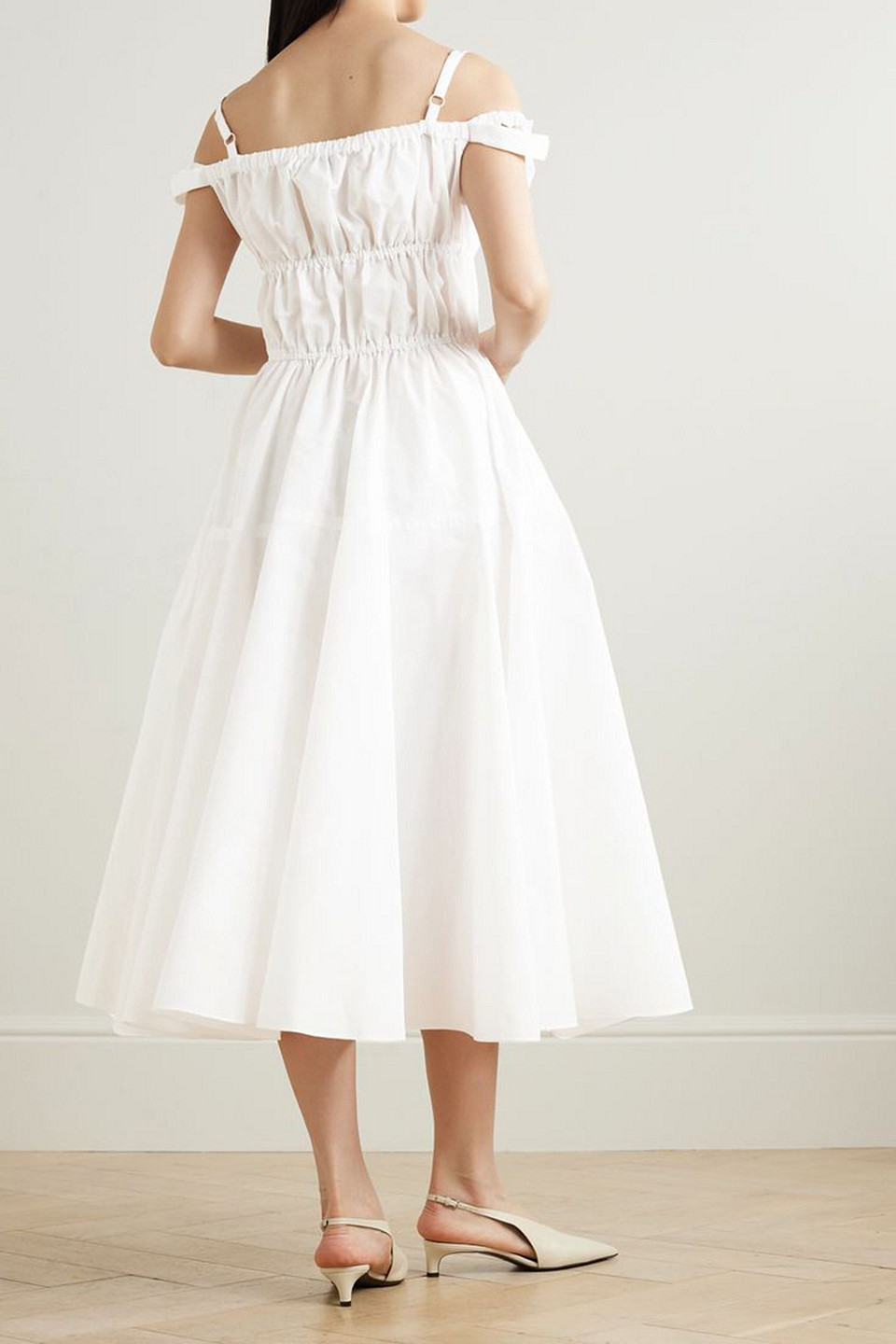 Patou Cold-shoulder Bow-detailed Shirred Poplin Maxi Dress In White