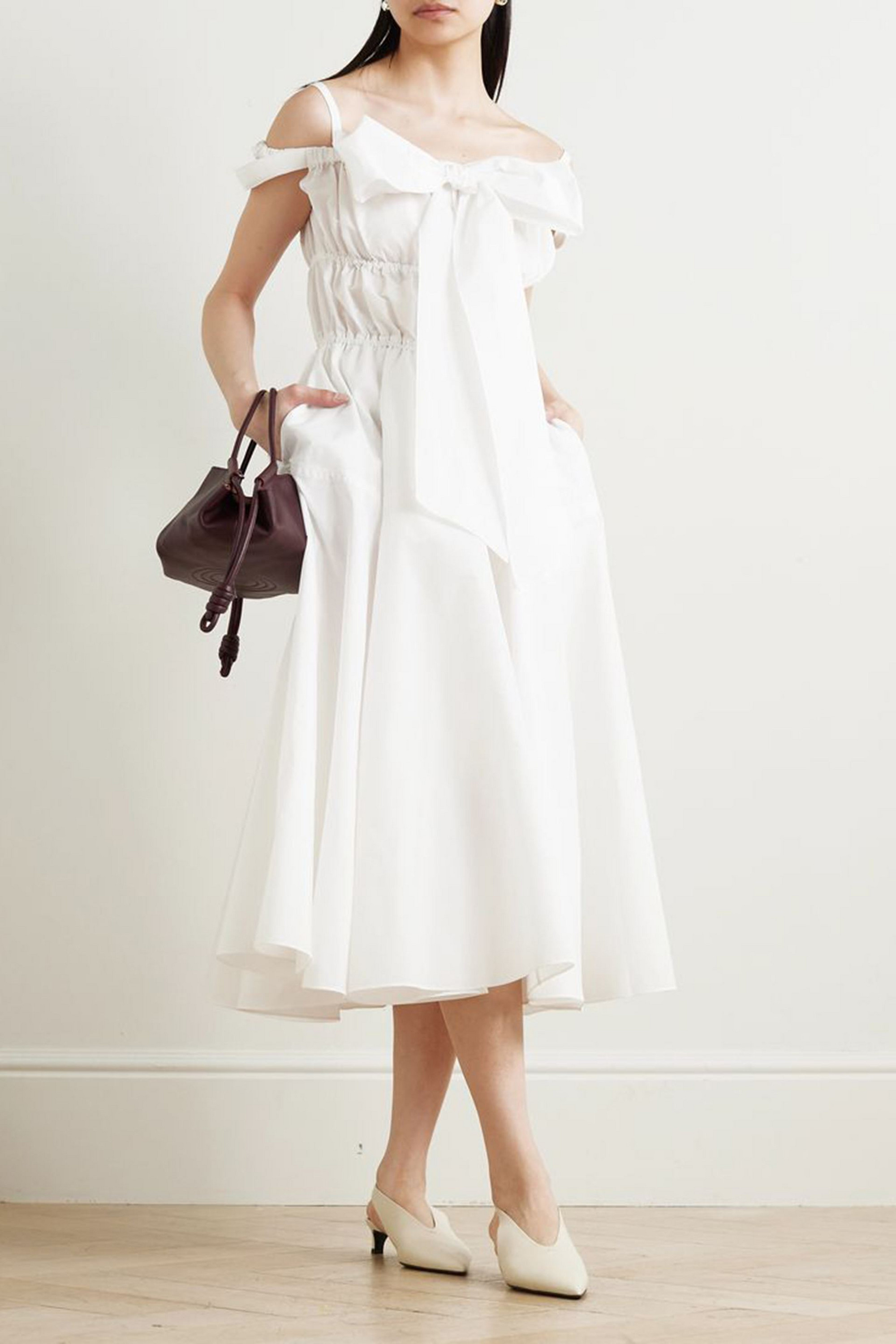 Patou Cold-shoulder bow-detailed shirred poplin midi dress