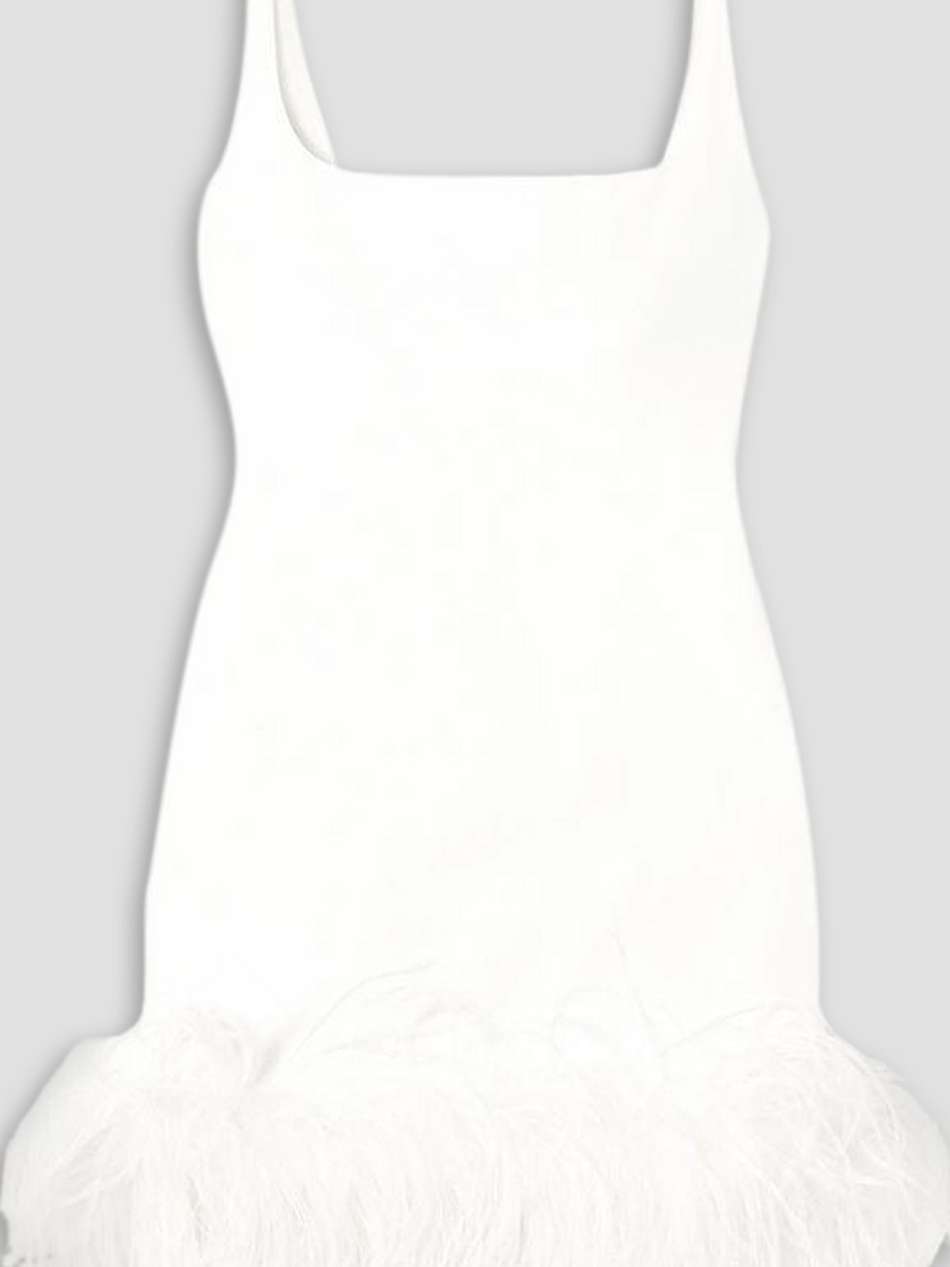 sior feather-trimmed crepe mini dress
