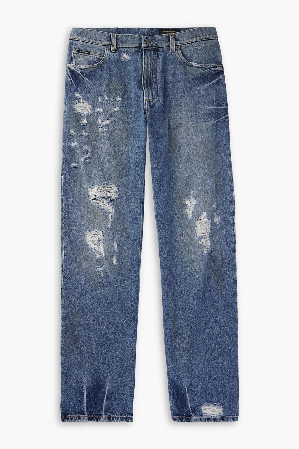 dolce&gabbana - straight-fit logo-appliquéd distressed denim jeans - blue - it 50