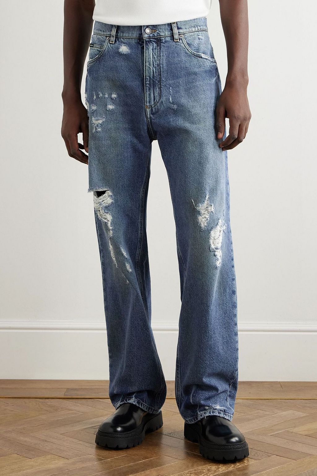 DOLCE&GABBANA Straight-fit logo-appliquéd distressed denim jeans