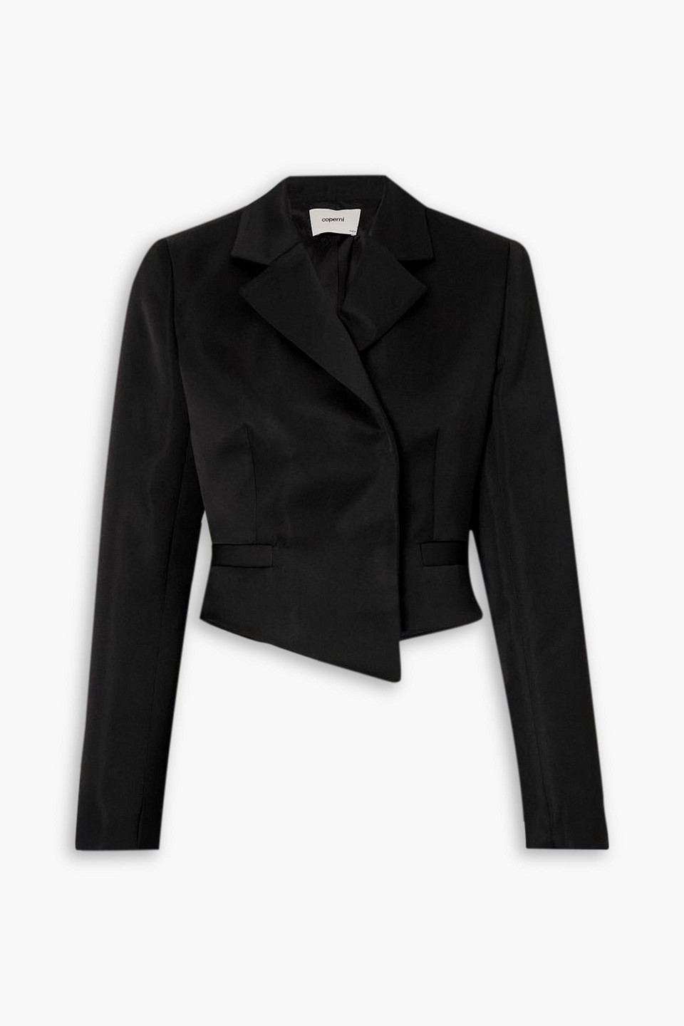 Double-breasted cropped asymmetric satin-crepe blazer