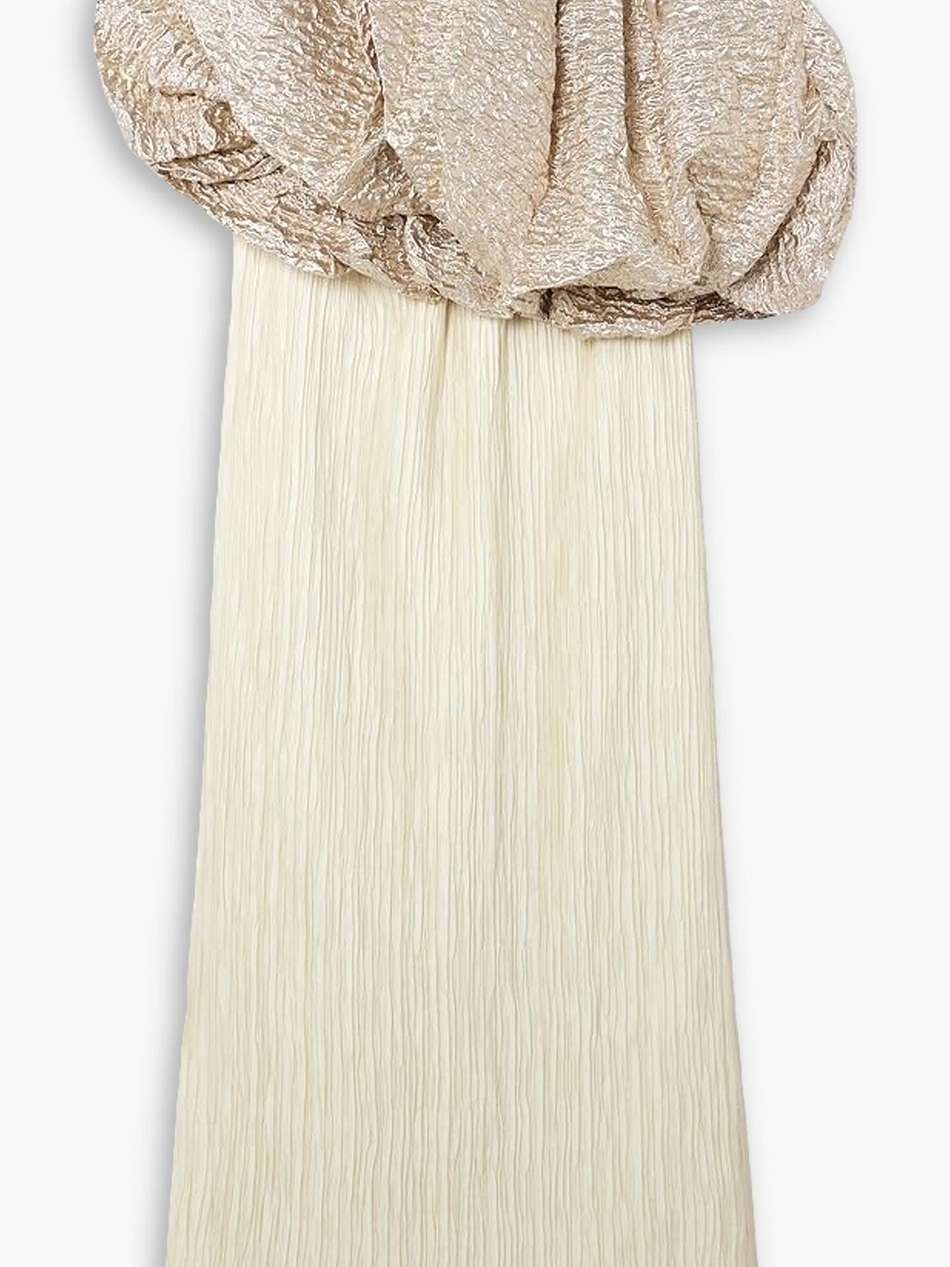 convertible popcorn lamé and plissé-crepe gown