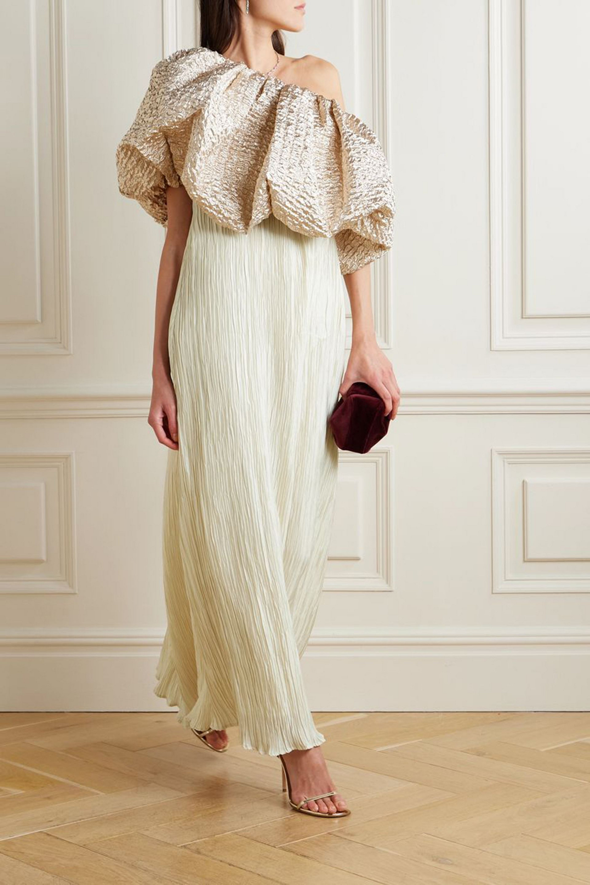 Dima Ayad Convertible popcorn lamé and plissé-crepe gown