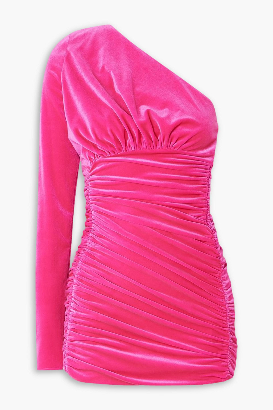 Alexandre Vauthier One-shoulder Ruched Stretch-velvet Mini Dress In Bright Pink