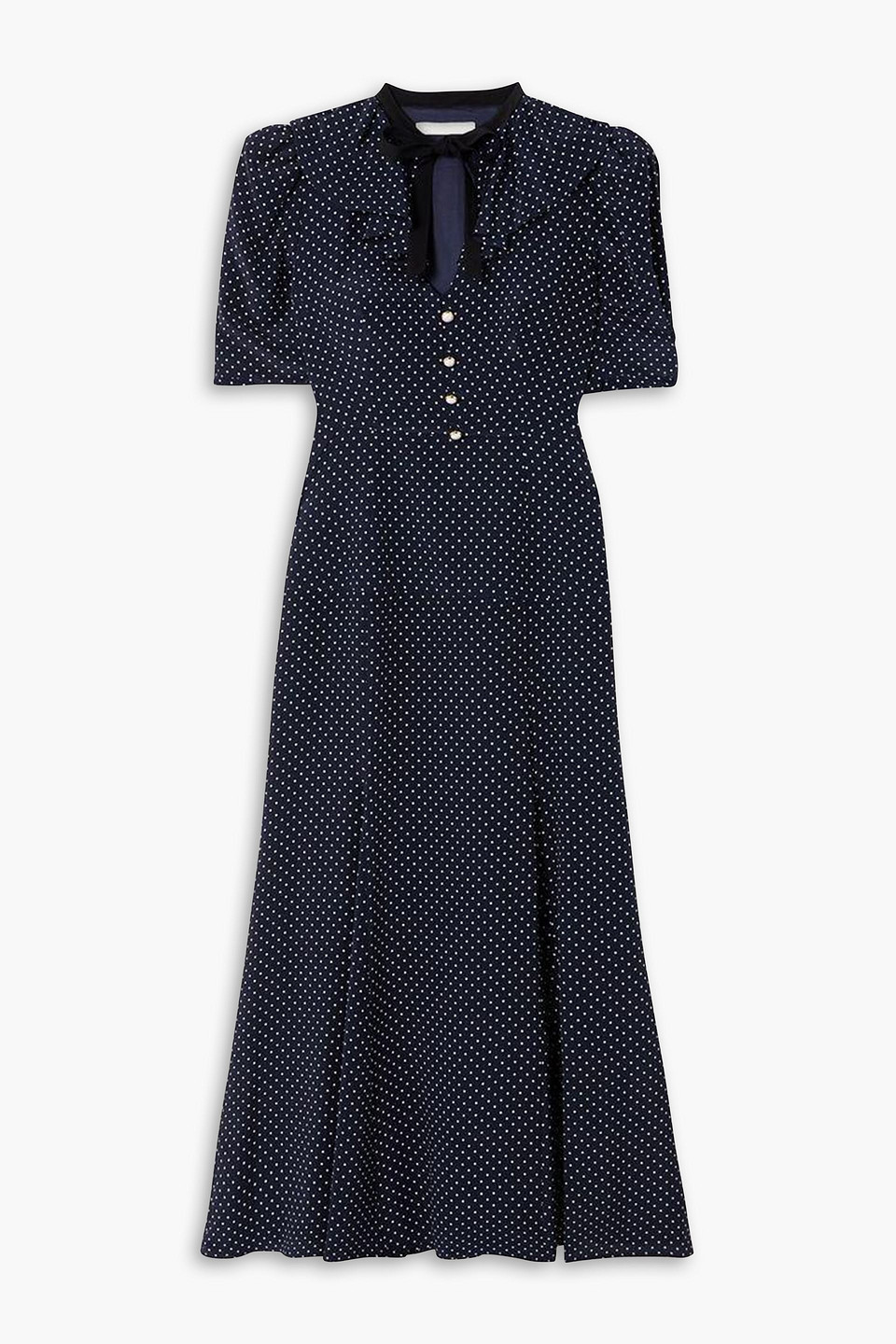 Alessandra Rich Bow-detailed Polka-dot Silk Crepe De Chine Midi Dress In Navy