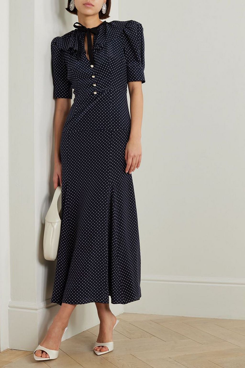 ALESSANDRA RICH Bow-detailed polka-dot silk crepe de chine midi dress
