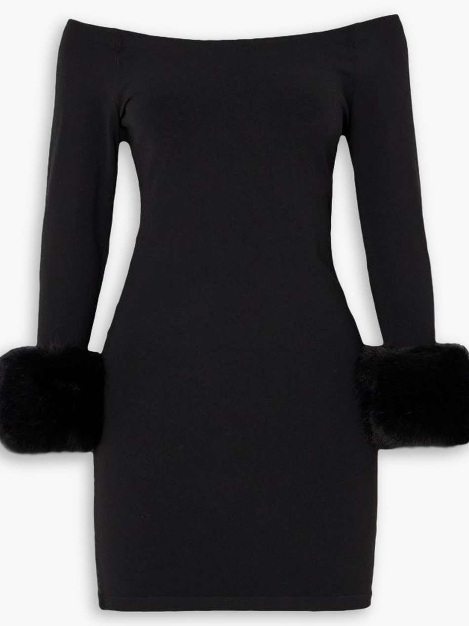 off-the-shoulder faux fur-trimmed stretch-jersey mini dress