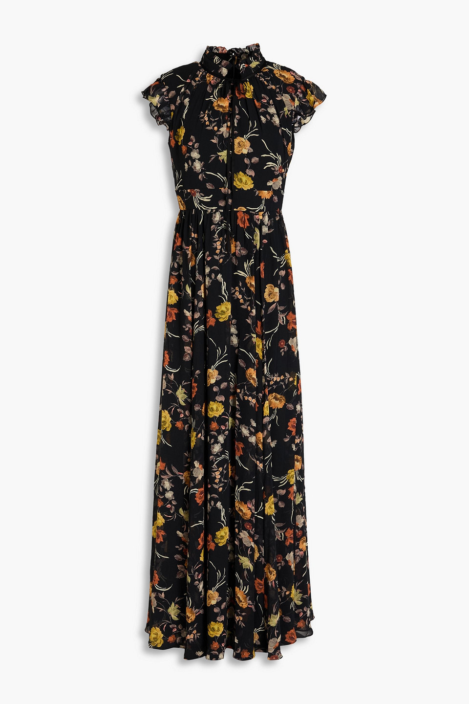 Mikael Aghal Button-embellished Floral-print Georgette Maxi Dress In Black