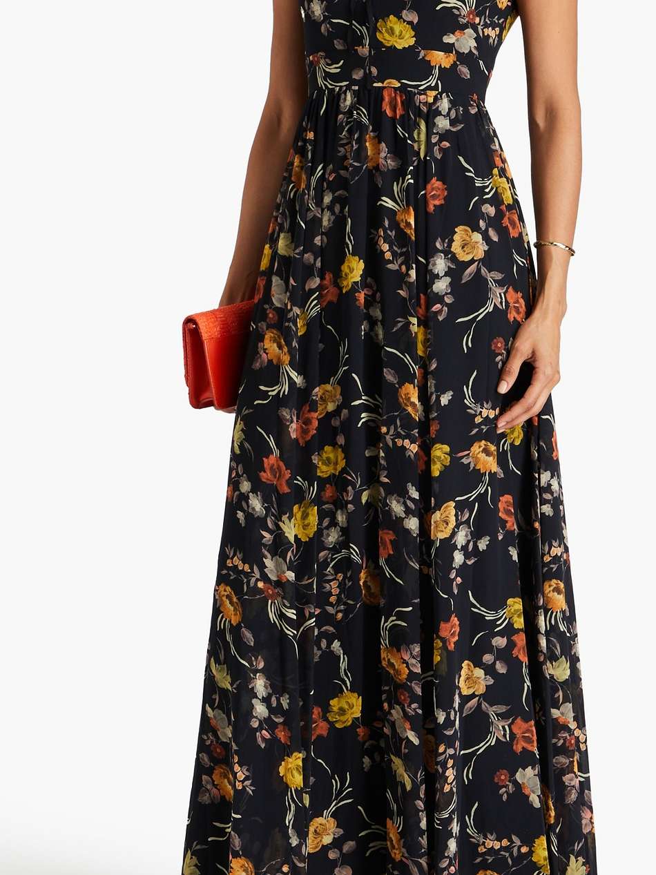 button-embellished floral-print georgette maxi dress