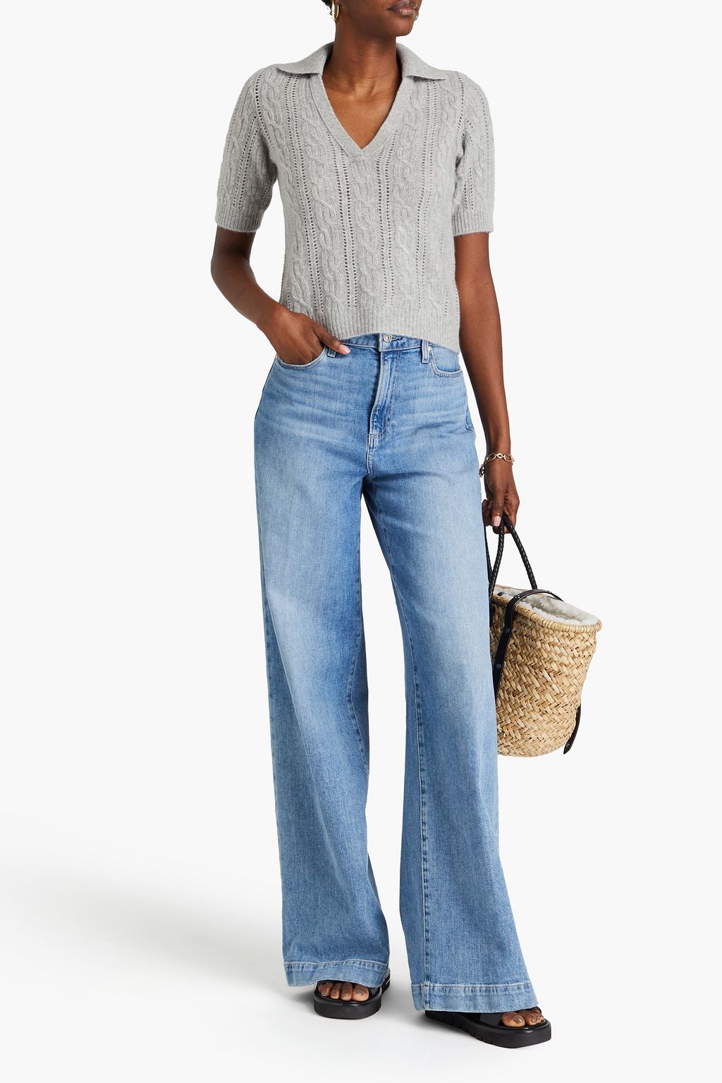 NAADAM Cable and pointelle-knit cashmere polo sweater