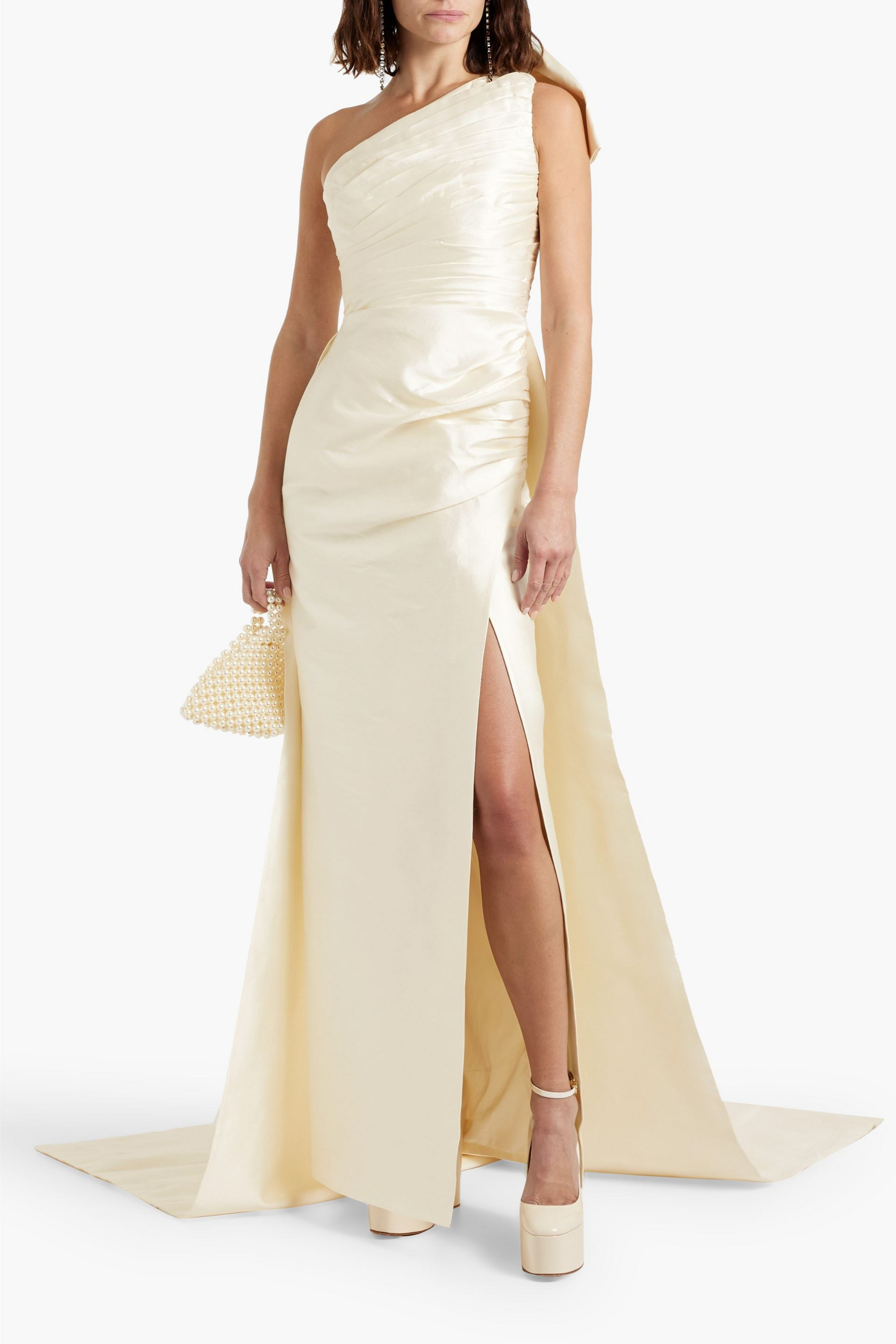 Rachel Gilbert One-shoulder bow-detailed wool and silk-blend mikado gown