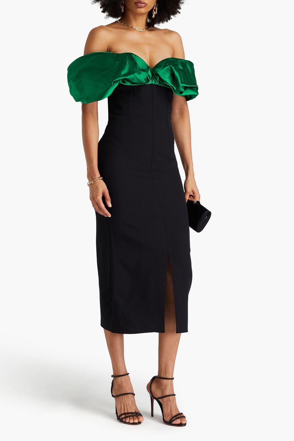 SAFIYAA Diane off-the-shoulder satin-paneled crepe midi dress