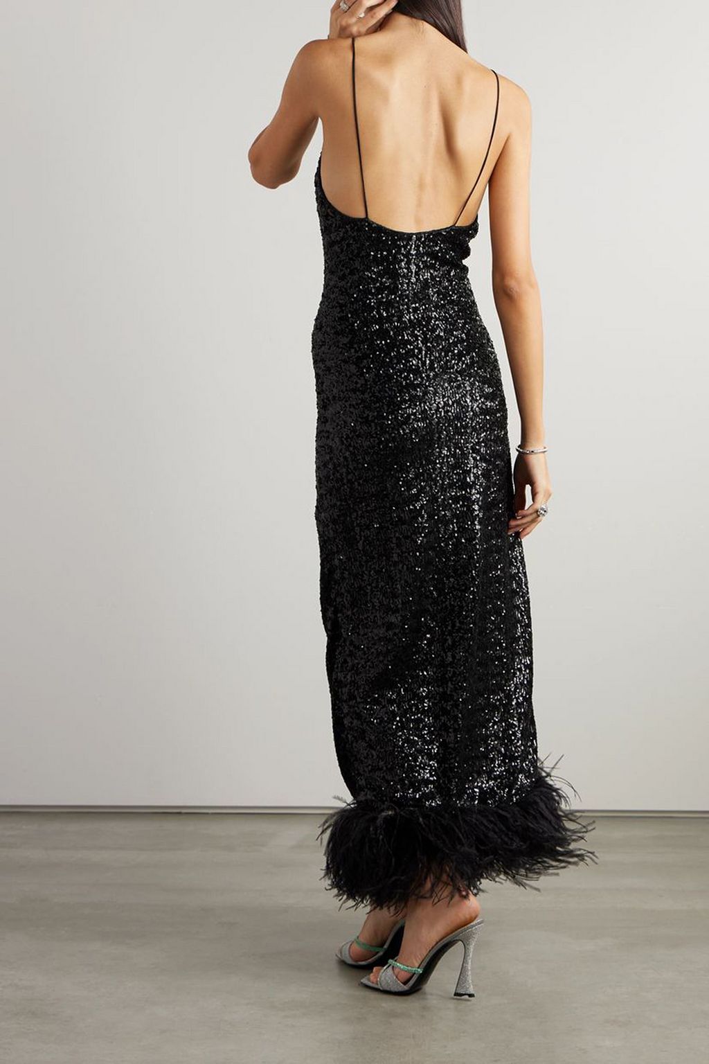 OSÉREE Feather-trimmed sequined satin maxi dress