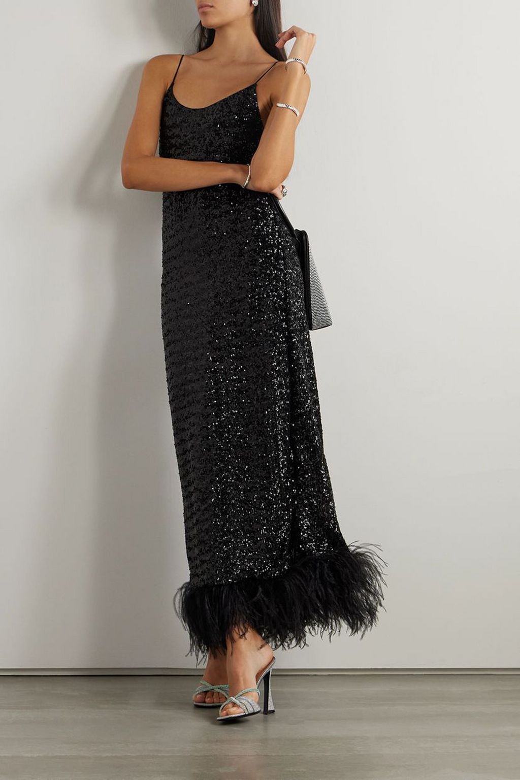 OSÉREE Feather-trimmed sequined satin maxi dress