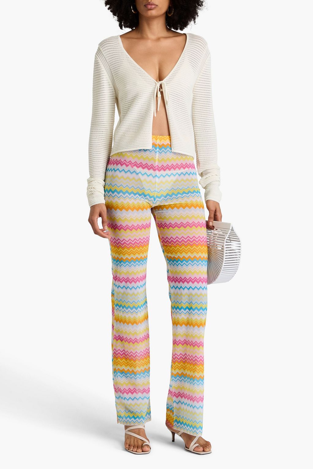 MISSONI بنطلون بقصة واسعة من الأسفل من الشبك المطاط ومزين بطبعات