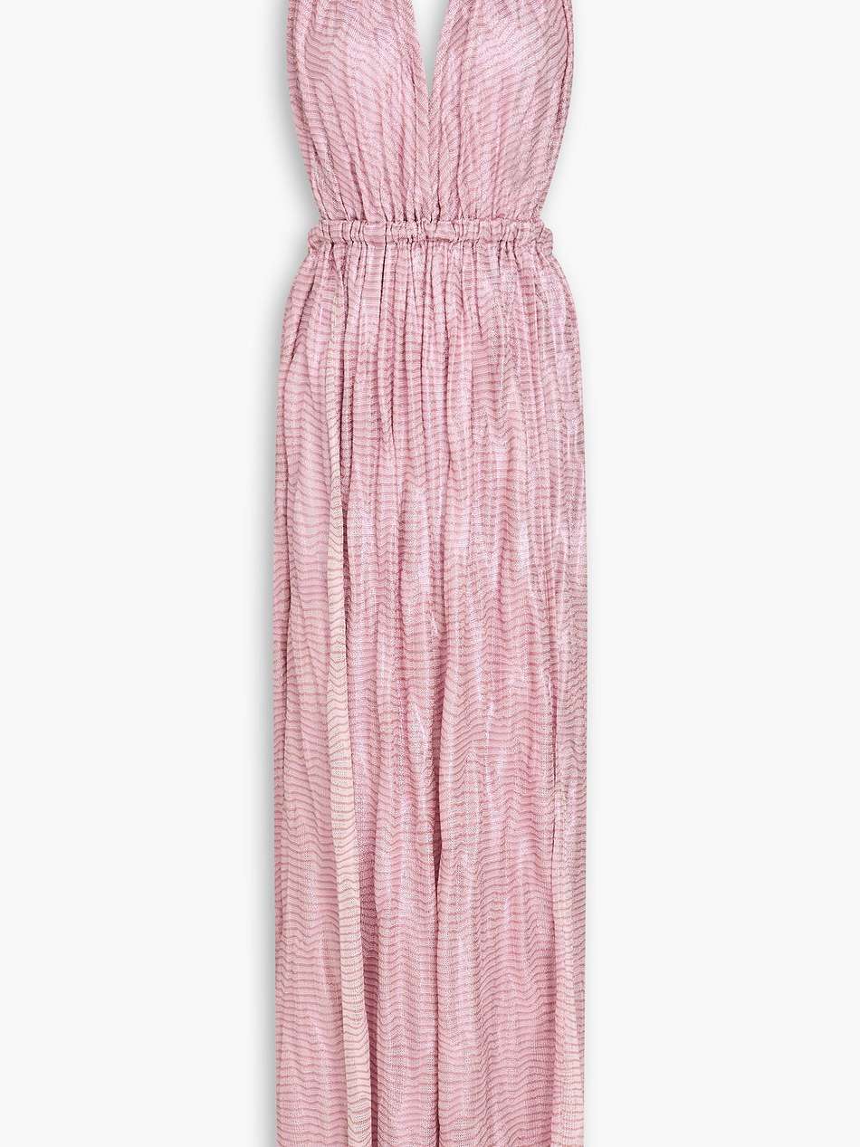 open-back metallic crochet-knit halterneck maxi dress