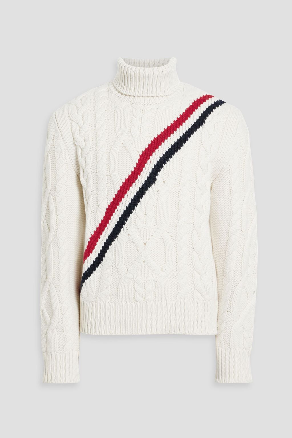 THOM BROWNE Striped cable knit cashmere turtleneck sweater THE OUTNET