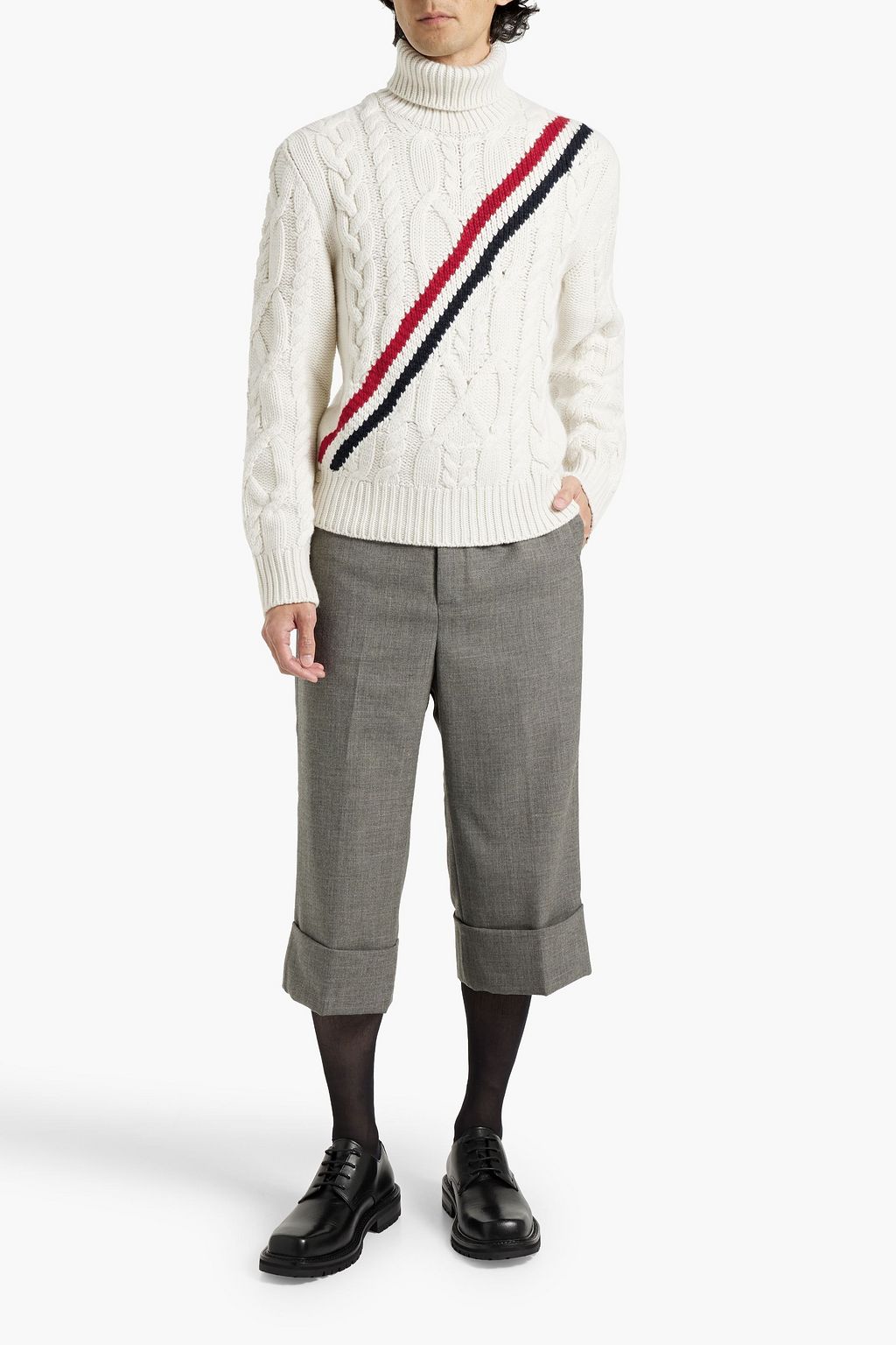 THOM BROWNE Striped cable-knit cashmere turtleneck sweater
