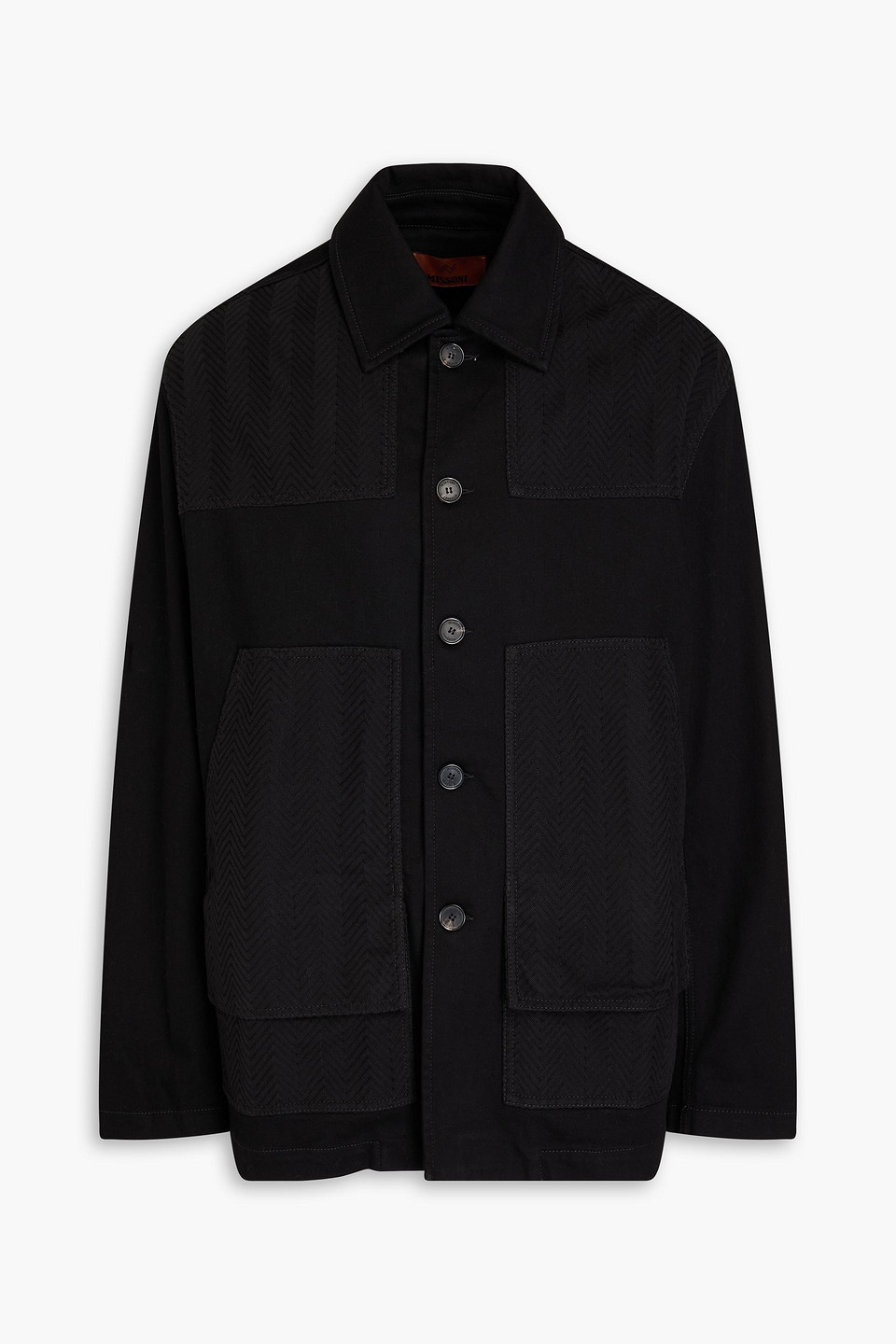 Crochet knit-paneled denim overshirt