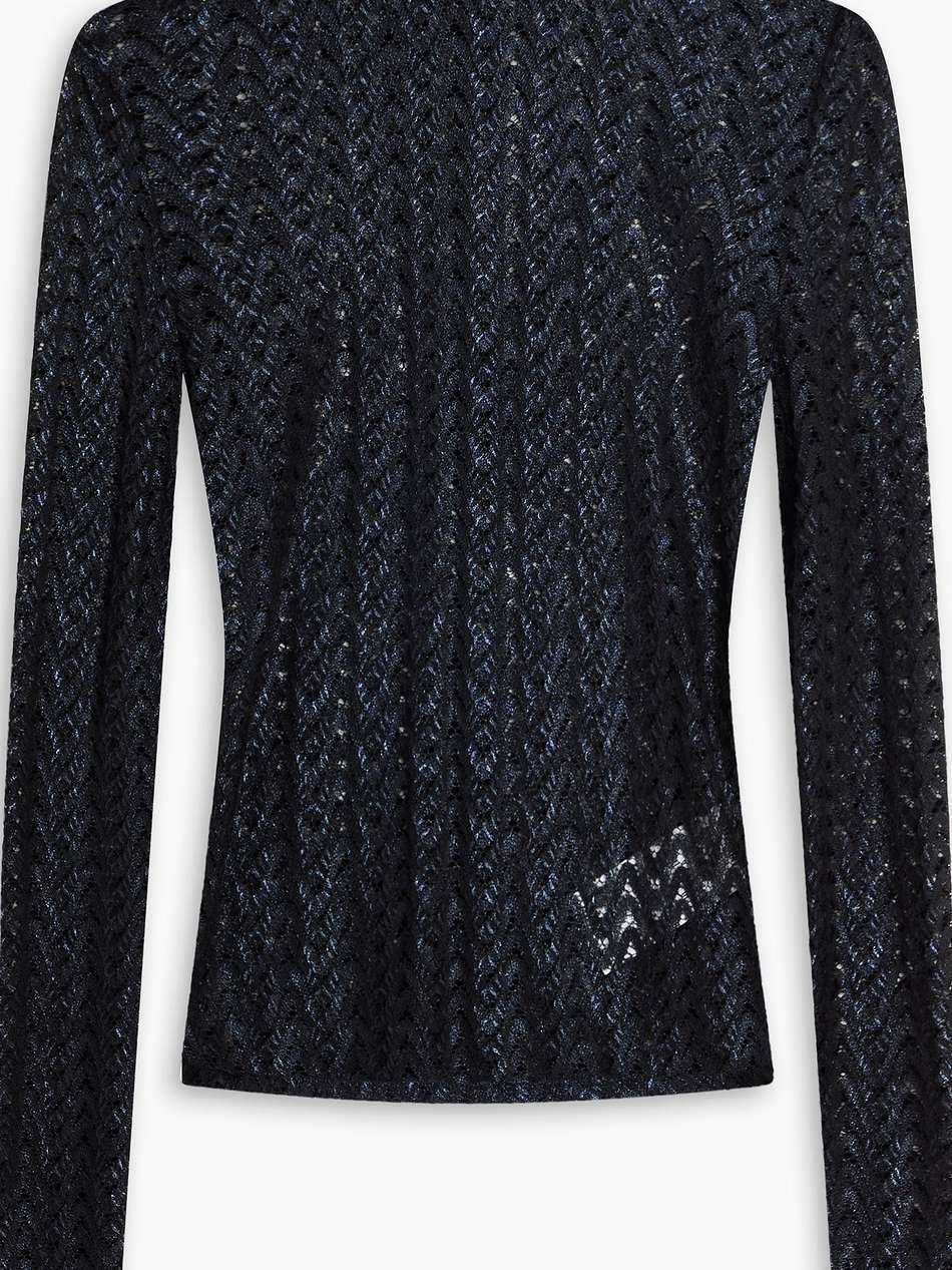 metallic crochet-knit wool-blend turtleneck top