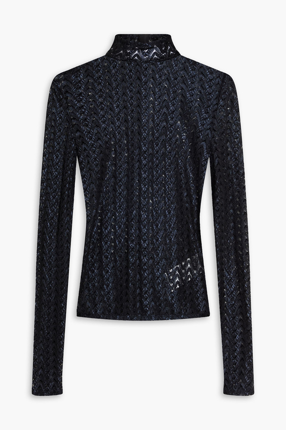 Metallic crochet-knit wool-blend turtleneck top