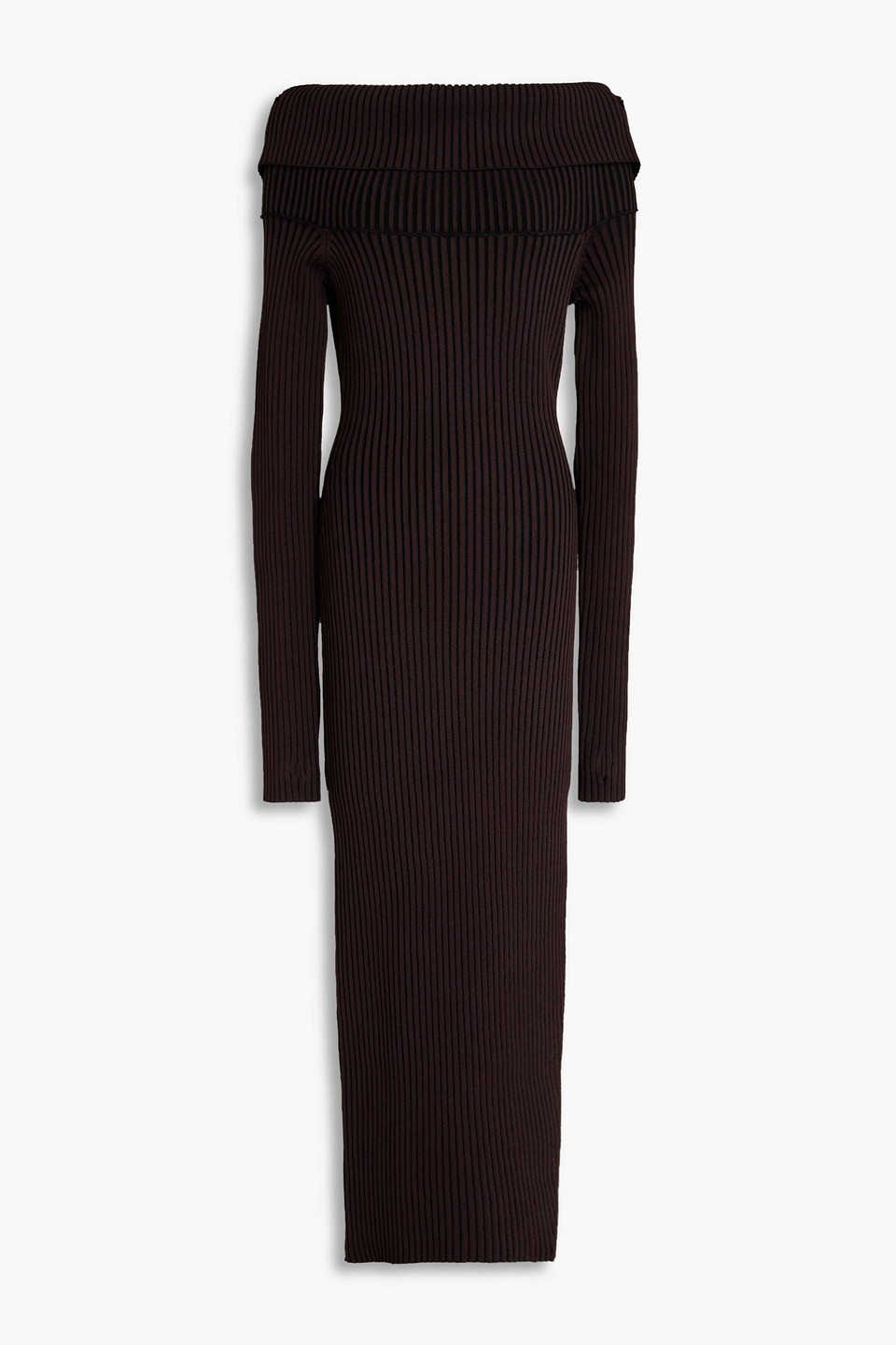 Nicholas Nita Off-the-shoulder Ribbed-knit Maxi Dress In Dark Brown