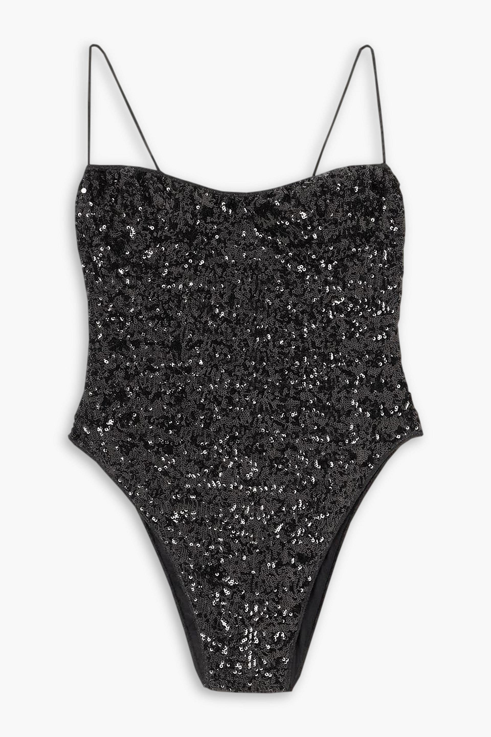 Shop Oseree Sequined Satin Bodysuit In Black
