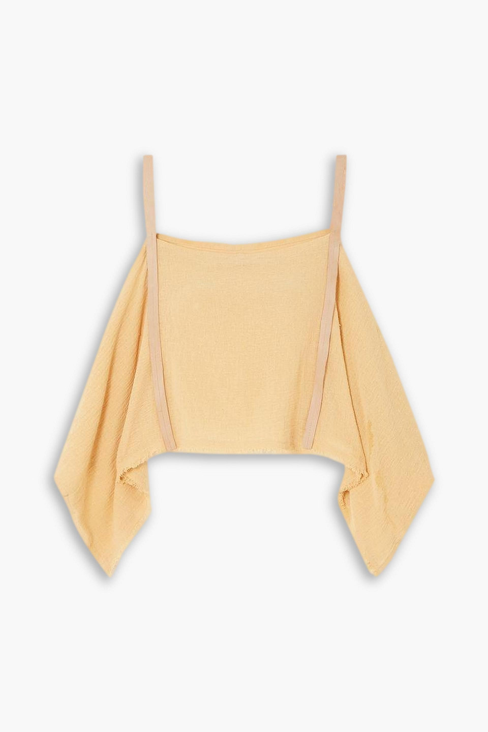 Caravana Tzunun Cold-shoulder Leather-trimmed Frayed Cotton Top In Pastellgelb