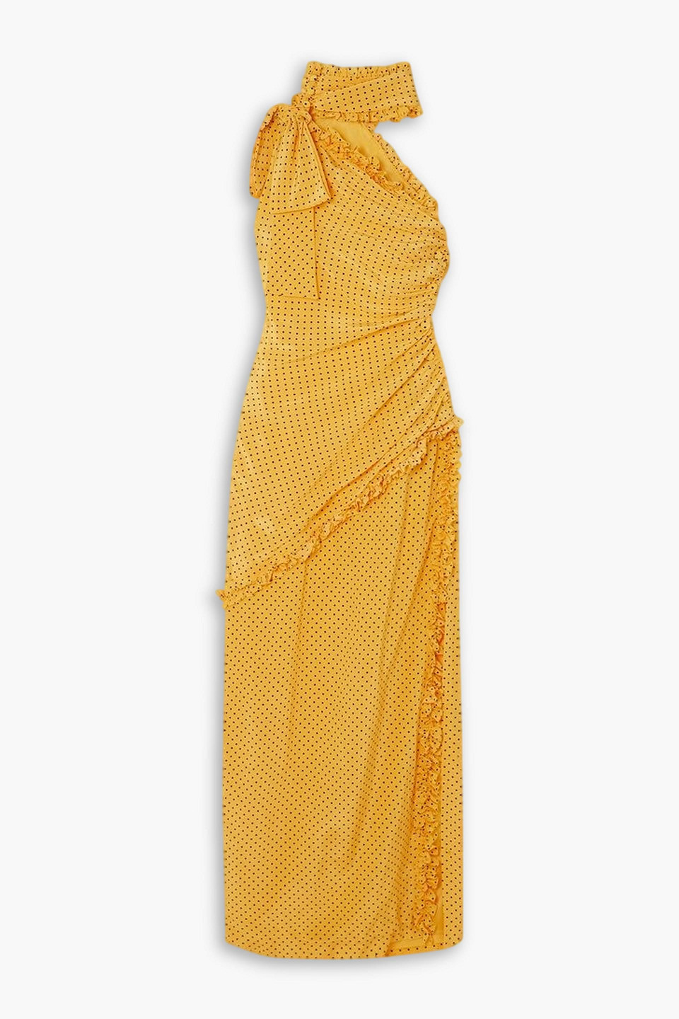 Alessandra Rich Bow-detailed Ruffled One-shoulder Polka-dot Silk Crepe De Chine Dress In Yellow