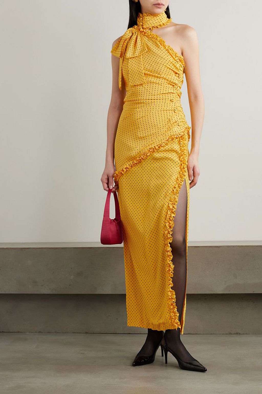 ALESSANDRA RICH One-shoulder polka-dot silk crepe de chine maxi dress