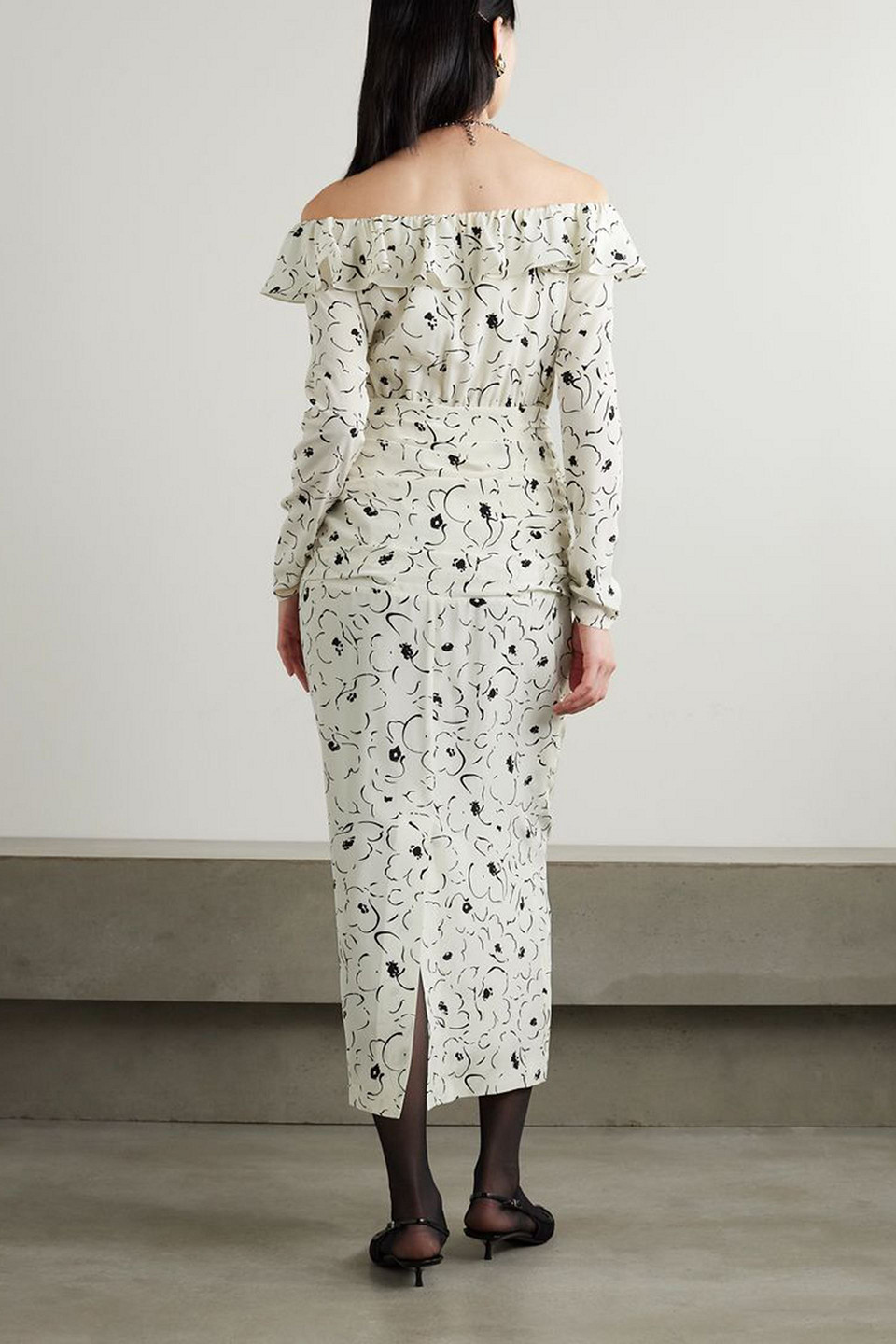 Alessandra Rich Off-the-shoulder Floral-print Silk Crepe De Chine Midi Dress In Ivory