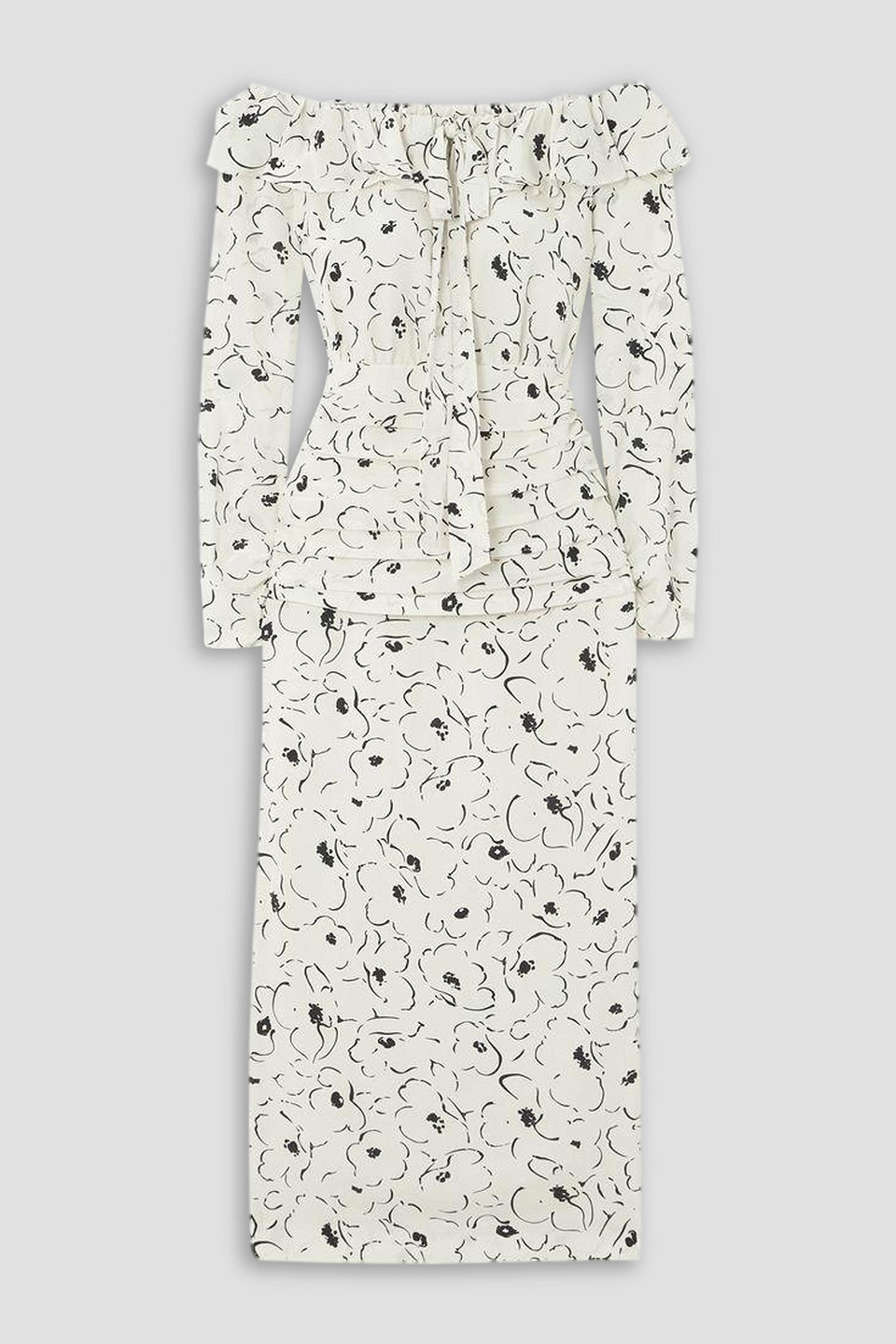 Alessandra Rich Off-the-shoulder Floral-print Silk Crepe De Chine Midi Dress In Ivory