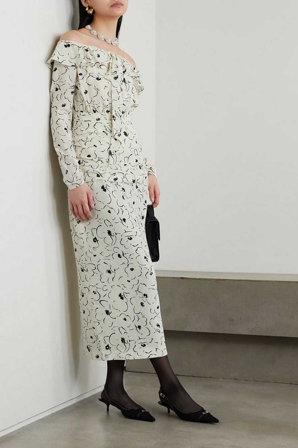 Alessandra Rich Off-the-shoulder Floral-print Silk Crepe De Chine Midi Dress In Ivory