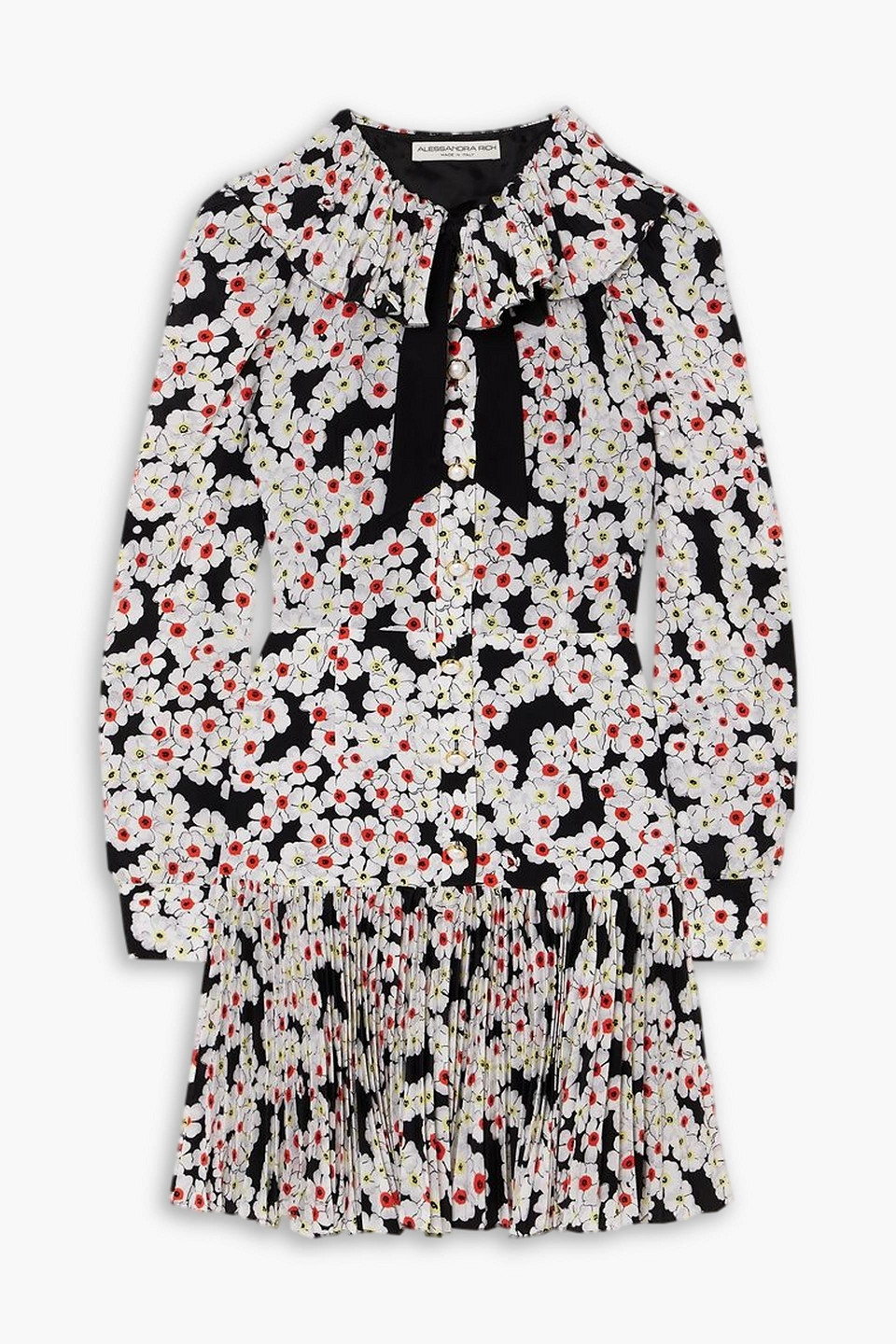 Alessandra Rich Bow-detailed Floral-print Silk Crepe De Chine Mini Dress In Black