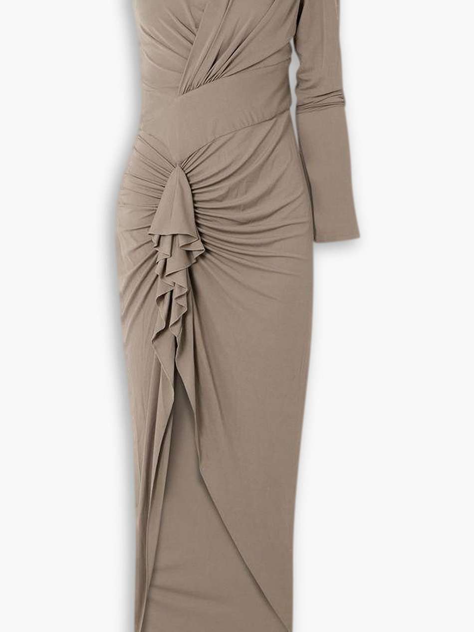 asymmetric one-sleeve ruffled stretch-jersey maxi dress