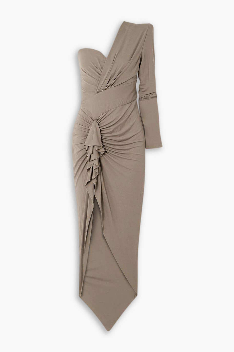 Asymmetric one-sleeve ruffled stretch-jersey maxi dress