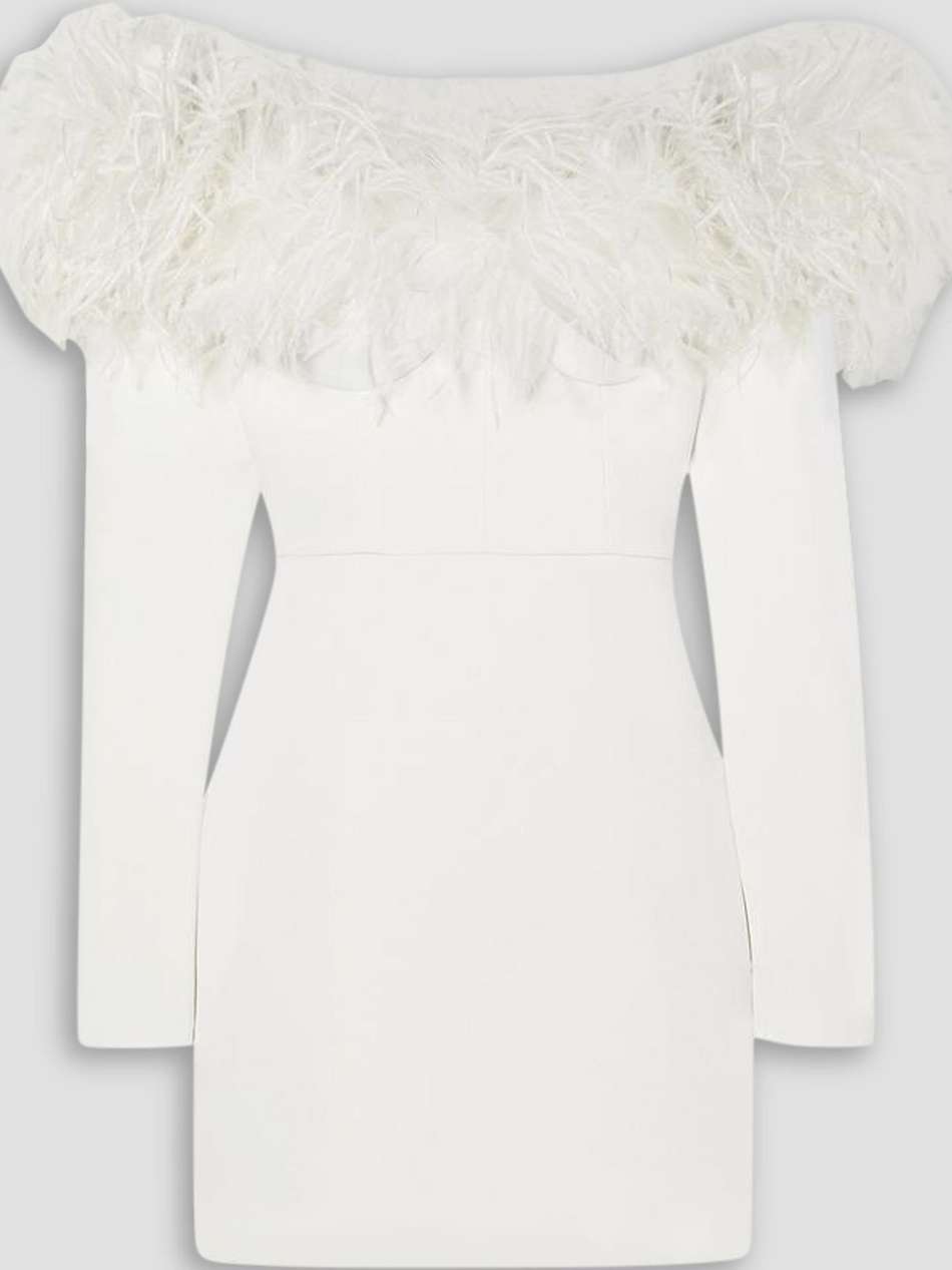 off-the-shoulder feather-trimmed stretch-cady mini dress