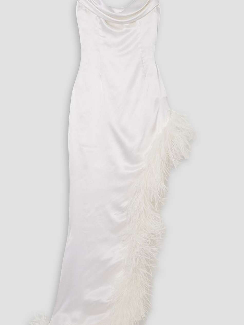 asymmetric feather-trimmed silk-satin gown
