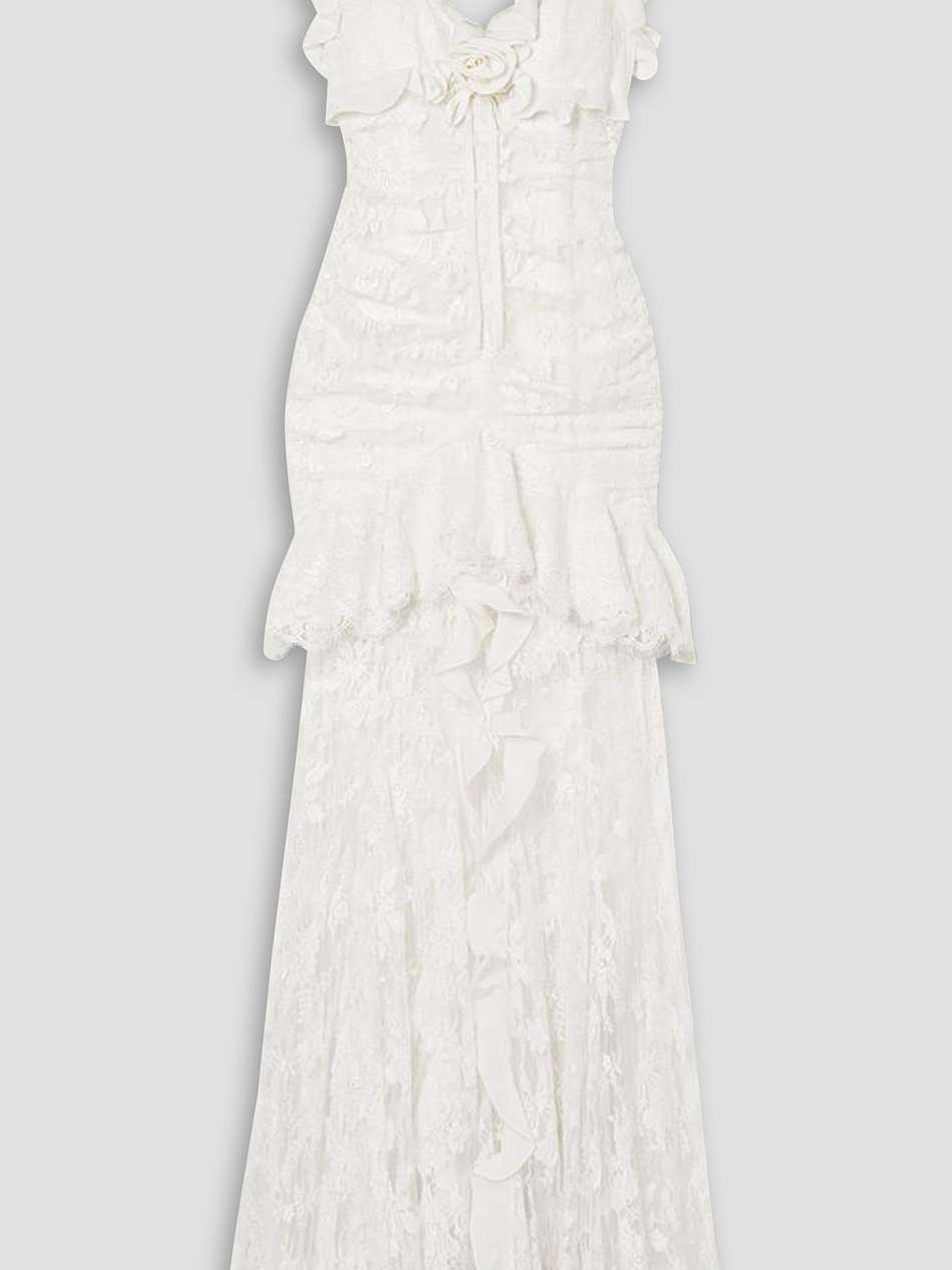 embellished ruffled cotton-blend lace gown