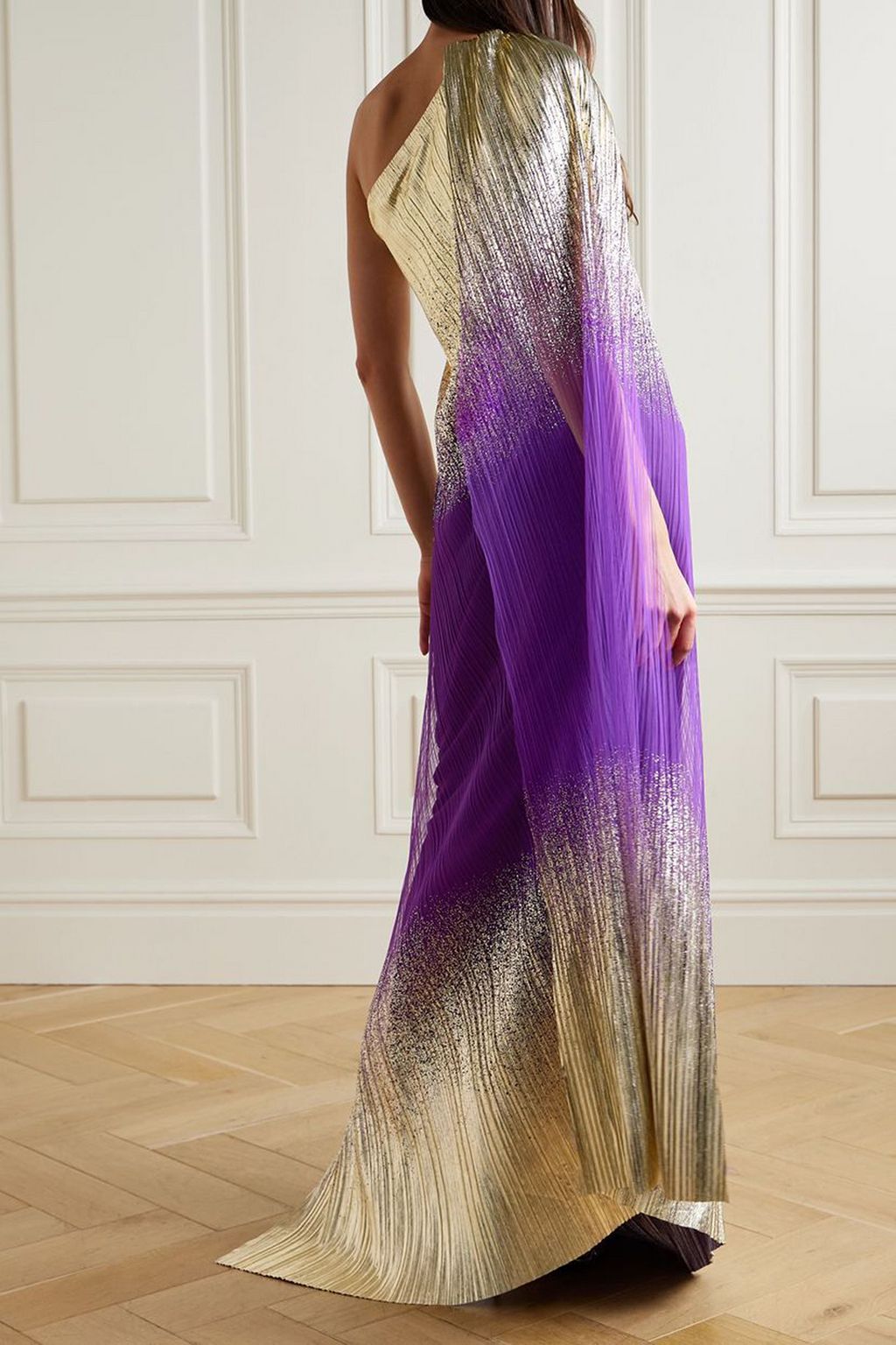 DIMA AYAD One-shoulder dégradé metallic plissé-tulle gown