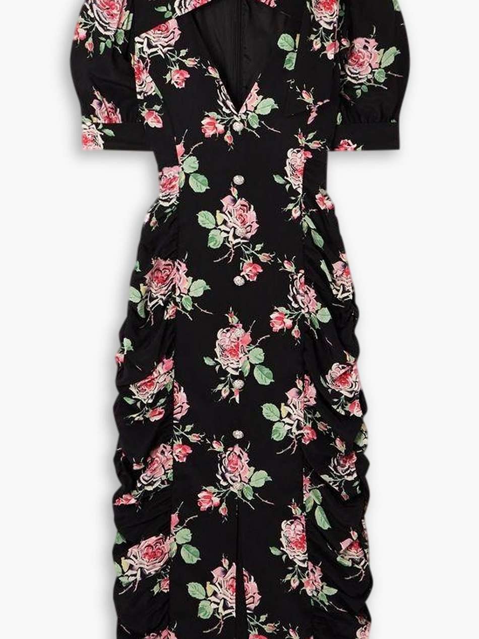 pussy-bow floral-print silk midi dress