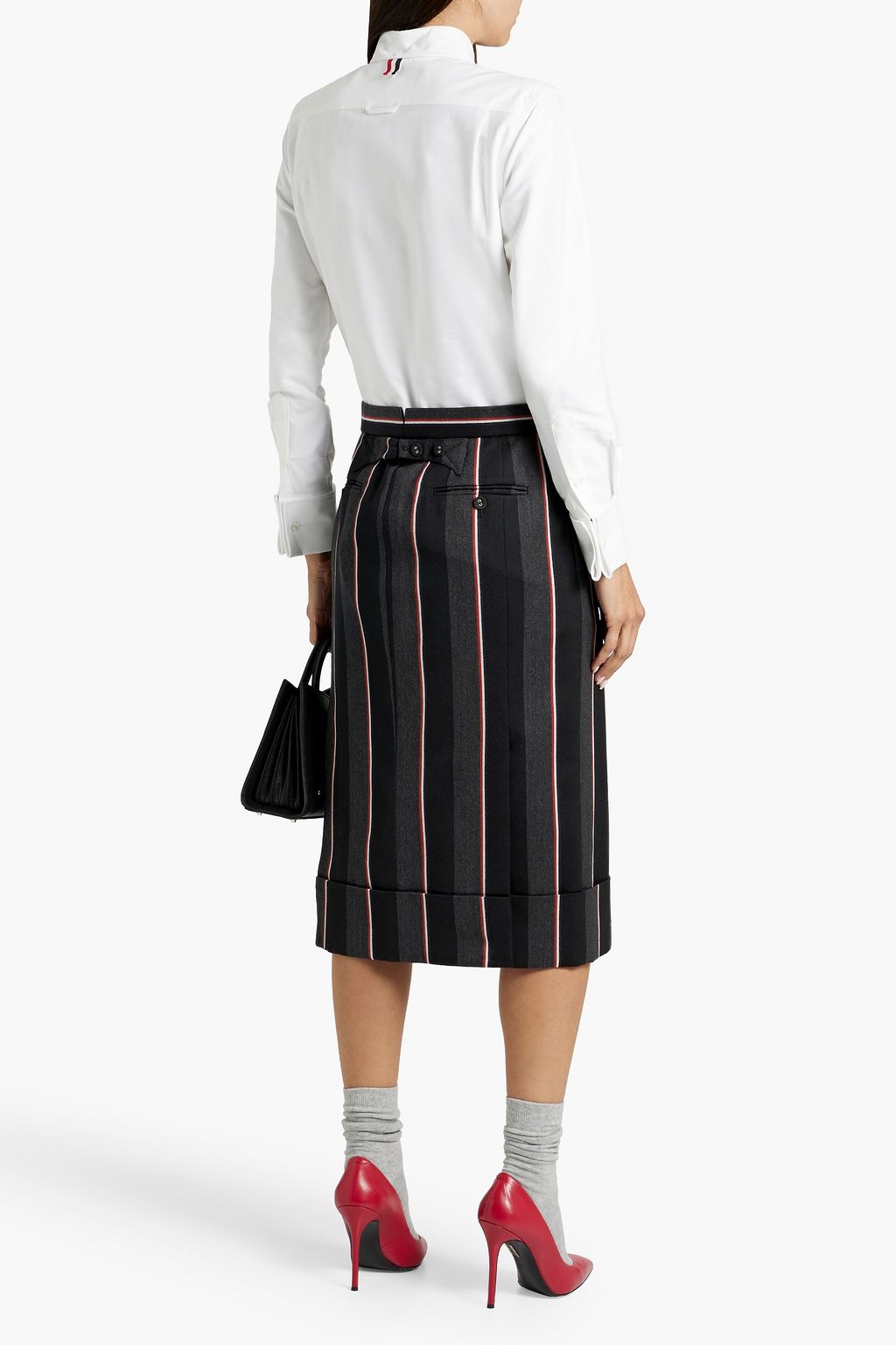 THOM BROWNE Cotton Oxford, piqué and striped wool-blend midi shirt dress
