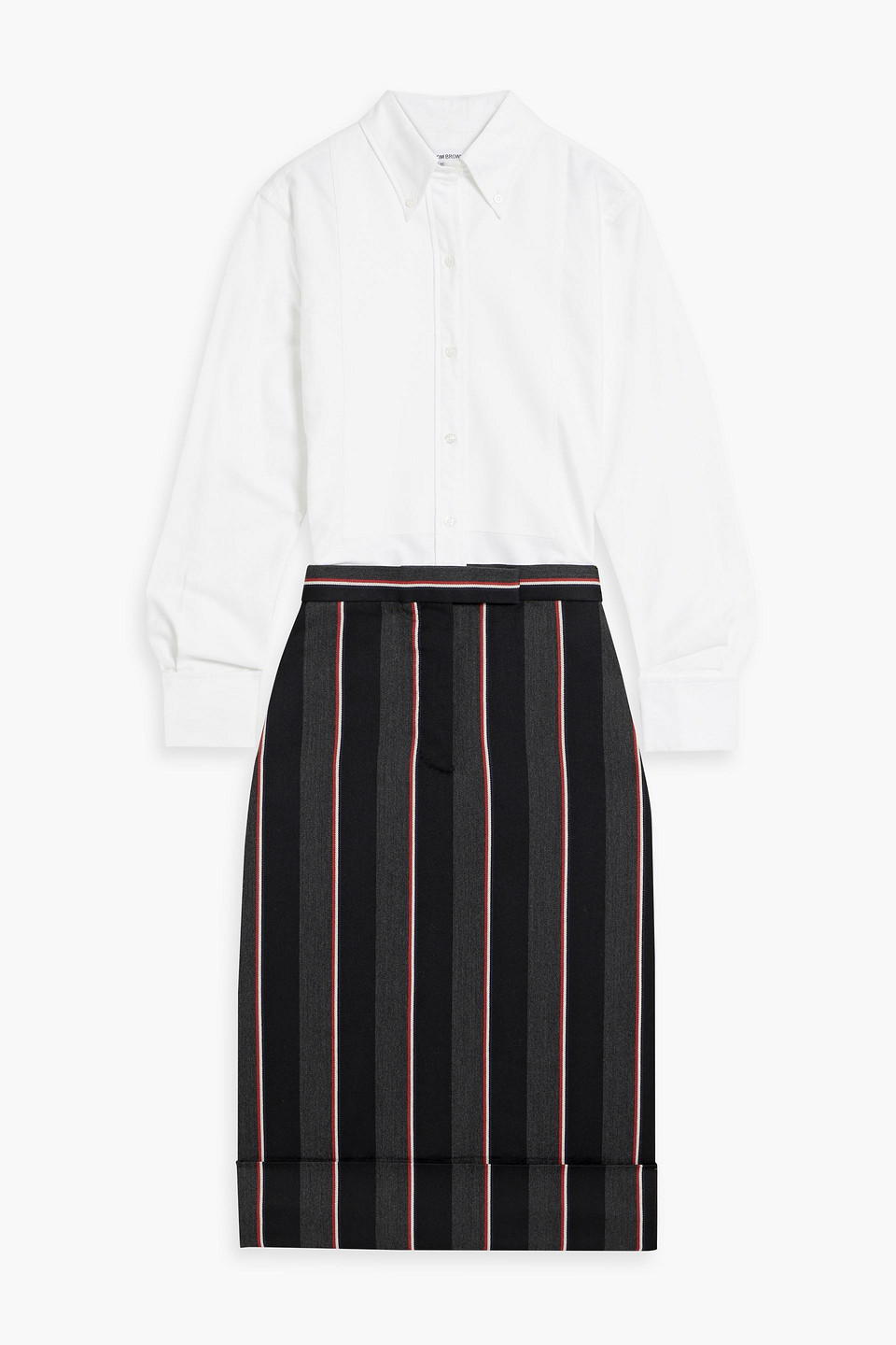 Thom Browne Cotton Oxford, Piqué And Striped Wool-blend Midi Shirt Dress In White