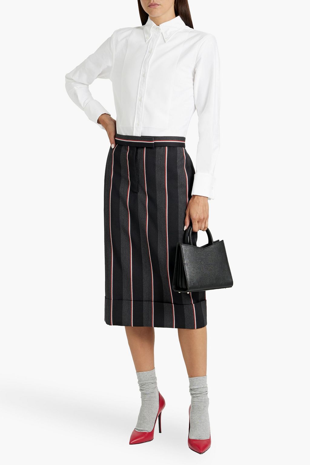THOM BROWNE Cotton Oxford, piqué and striped wool-blend midi shirt dress