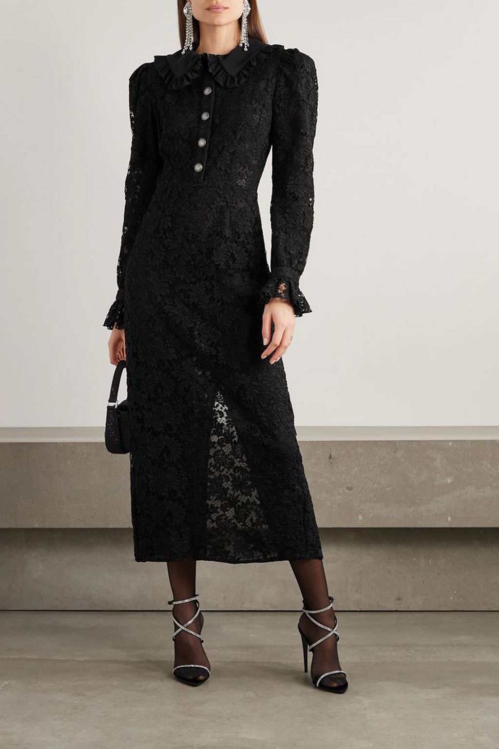 ALESSANDRA RICH Silk-trimmed ruffled lace maxi dress