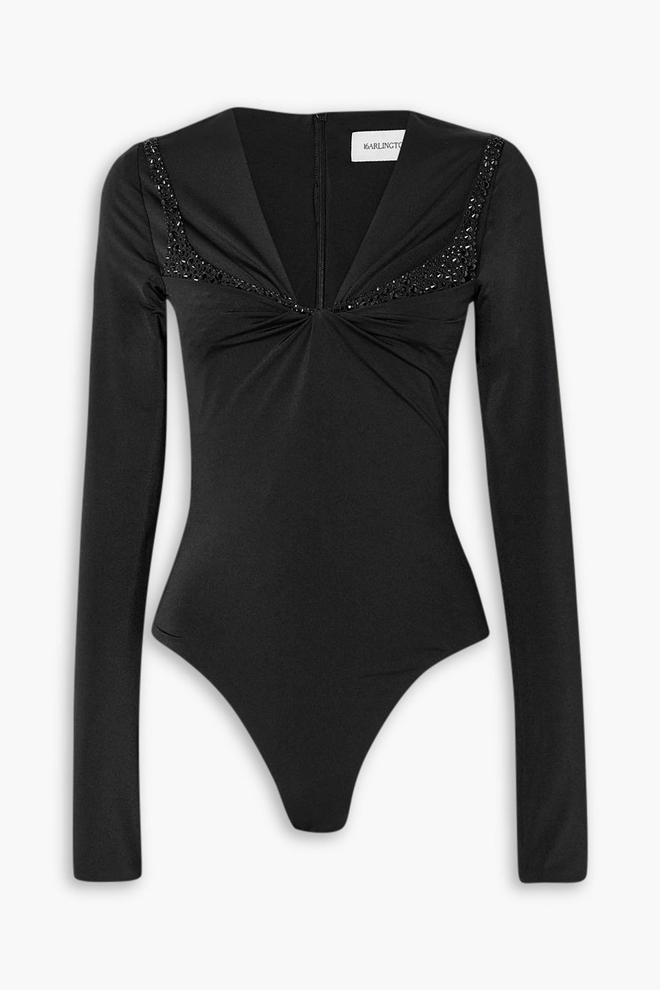 16arlington Tevenz Twist-front Crystal-embellished Stretch-jersey Bodysuit In Black